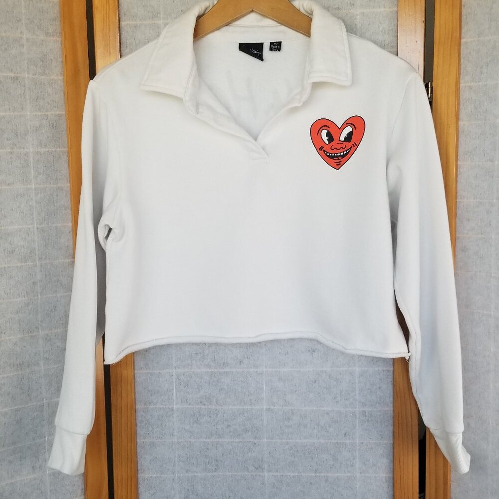 Keith Haring Cropped Red Heart Sweatshirt Collared White Size Small